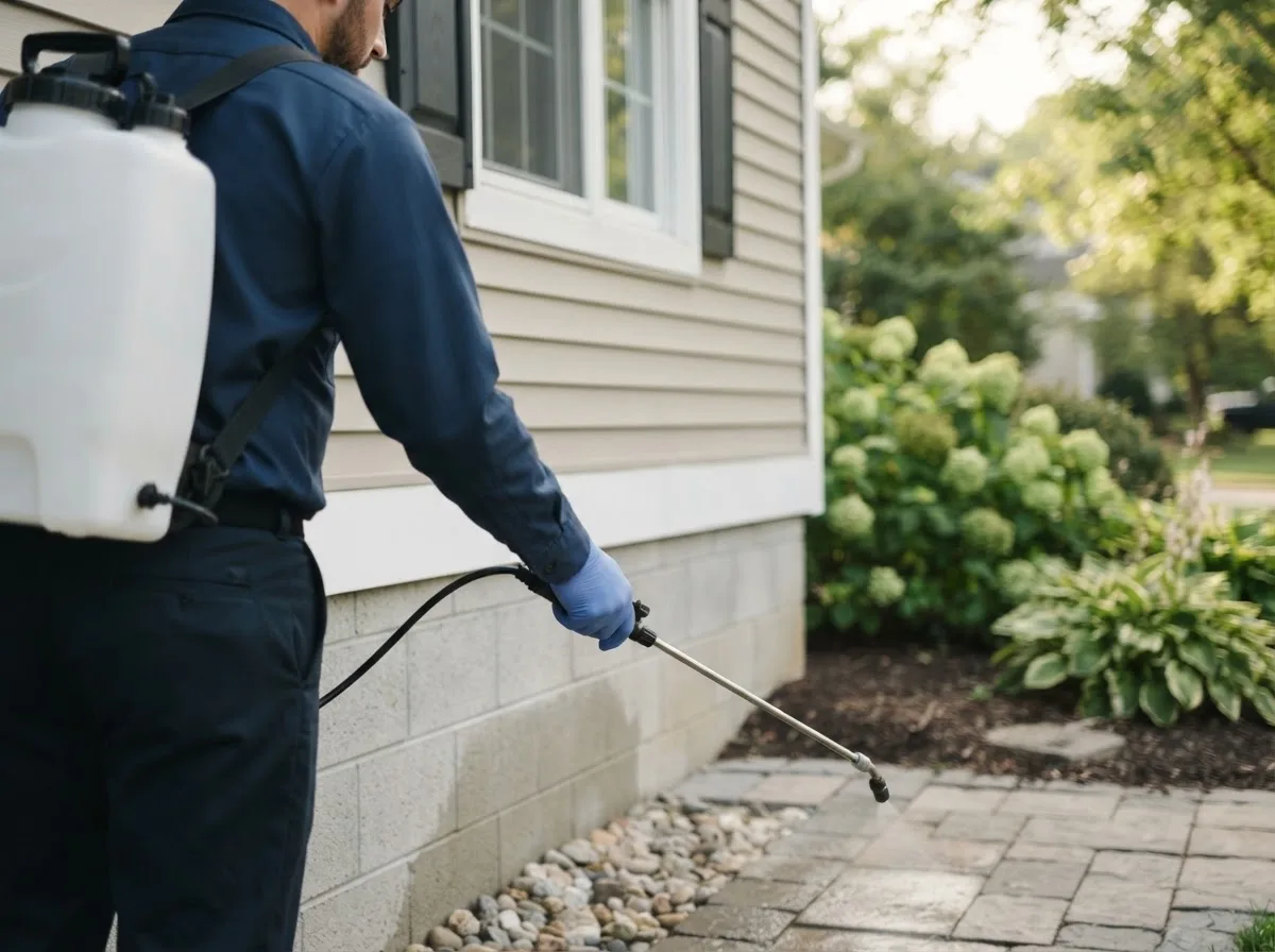 Pest control technician inspecting a home in Martinton, IL